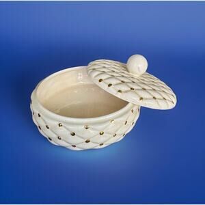 Arnels Vintage White Crackle Glaze Gold Dot Lidded Trinket Box Ceramic